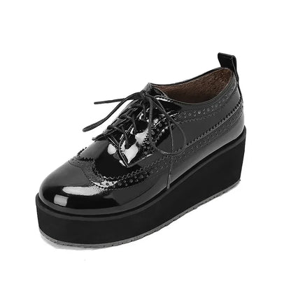 Ochanmeb Big Size 48 Women Patent Leather Brogues High Heels Derby Shoes Platforms Laser Cutout Oxfords Fashion Ladies Pumps Red