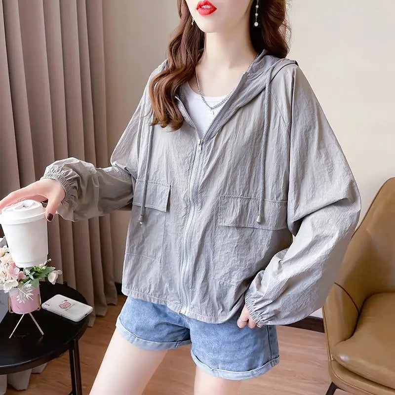 （Summer4）Women Sun Protection Clothing UV Protection Summer Loose Fit Hooded Zippered Thin And Casual