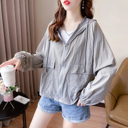 （Summer4）Women Sun Protection Clothing UV Protection Summer Loose Fit Hooded Zippered Thin And Casual