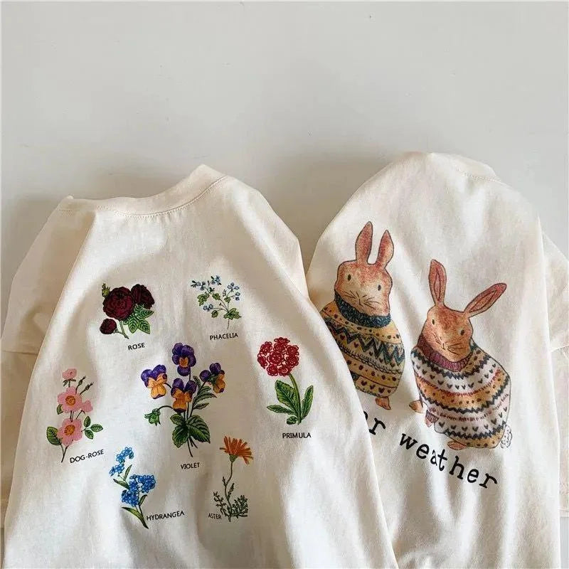 Summer Toddler Baby Girl Solid Cotton Clothes Short Sleeve Cartoon Rabbit Printed T-shirts Kids Leisure Ins Tops Tees