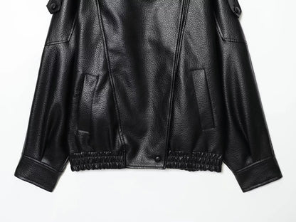 TFMLN Chic Black Faux Leather Jackets Women Long Sleeve Buttons Elastic Oversized Coats Fashion 2025 Autumn Winter Streetwear