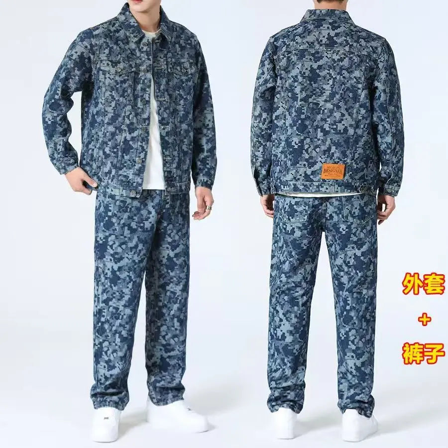 High Street Denim Sets Men's Jacquard Ragged Loose Casual Retro Washed Denim Shirt Style Jacket Jeans Pants
