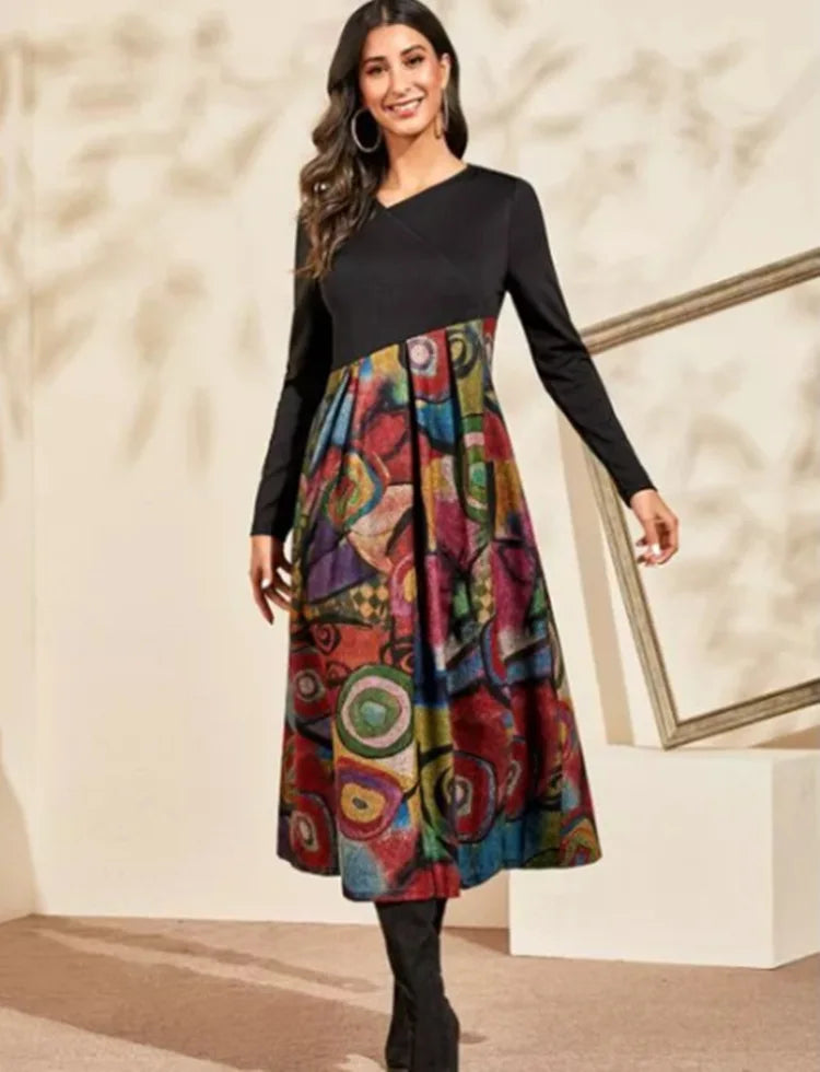 Vintage Women Long Dress V-Neck A-Line Dress 2024 Autumn Elegant Long Sleeves Slim Party Dresses Ladies Casual Loose Vestidos