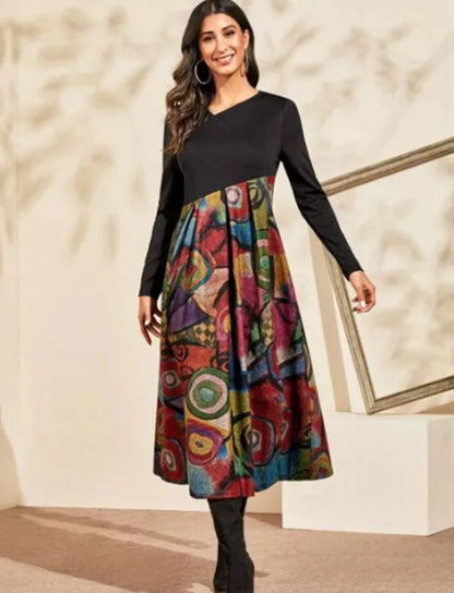 Vintage Women Long Dress V-Neck A-Line Dress 2024 Autumn Elegant Long Sleeves Slim Party Dresses Ladies Casual Loose Vestidos