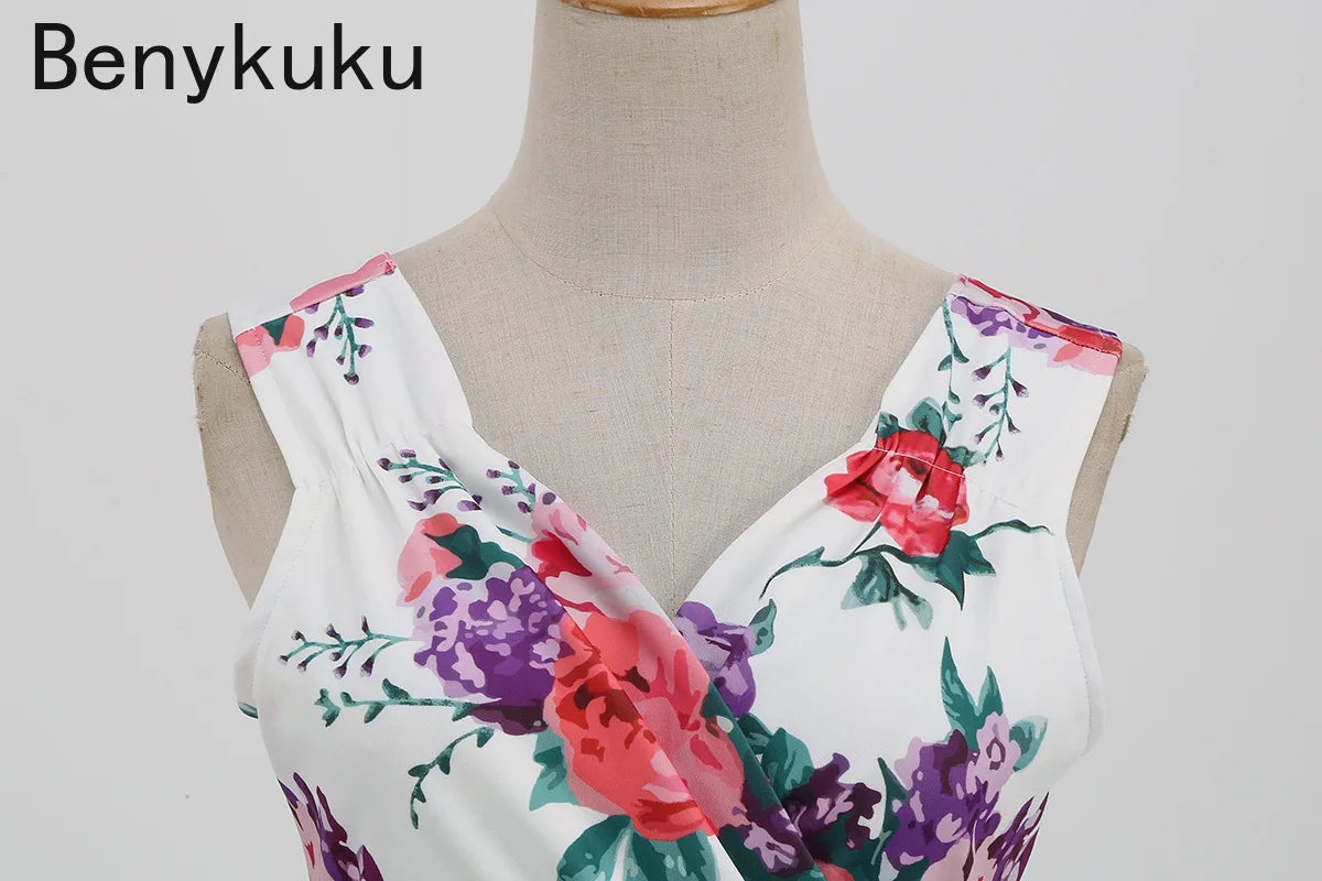 Floral Print 1950s 60s Vintage Women Dress Elegant Summer Robe Ladies Sleeveless V Neck A Line Swing Rockabilly Dresses 2025