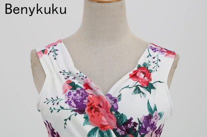 Floral Print 1950s 60s Vintage Women Dress Elegant Summer Robe Ladies Sleeveless V Neck A Line Swing Rockabilly Dresses 2025
