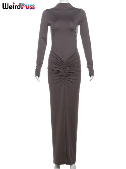 Weird Puss Hipster Ruched Dress Women O-Neck Full Sleeve Skinny Stretch Robe Autumn Trend Simple Classic Pleats Long Bodycon