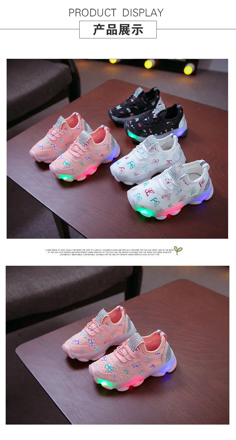 Kid Shoes Children's LED Shining Shoes 2023 Spring New Boys Sports Shoes Girls Elastic Fabric Sequins Casual Shoes Zapatillas