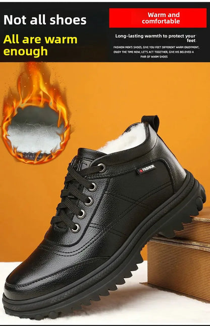 Men's High-Top Cotton Shoes Winter Thickened Fleece Anti-slip Warm Casual Fashion Outdoor Snow Boots Breathable Leather