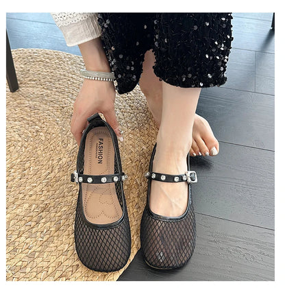 Mesh Breathable Flat Mary Jane Shoes Women Fashion Square Toe Soft Bottom Sandals Comfort Buckle Designer Ballet Shoe for Ladies