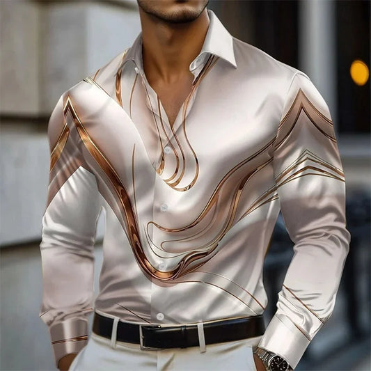 Men's shirt abstract liquid art 3D print shirt, spring and autumn lapel long-sleeved shirt, fashionable casual men's top