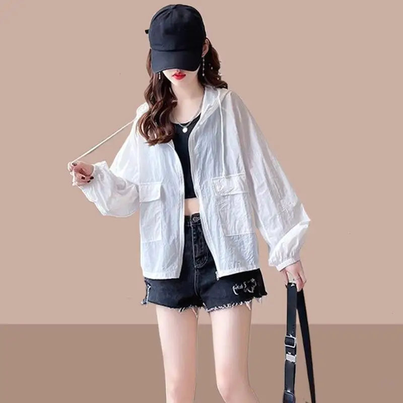 （Summer4）Women Sun Protection Clothing UV Protection Summer Loose Fit Hooded Zippered Thin And Casual