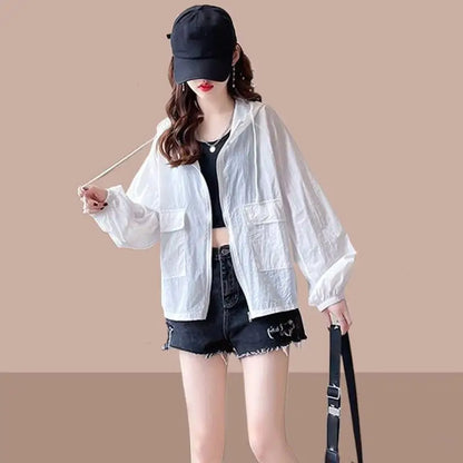 （Summer4）Women Sun Protection Clothing UV Protection Summer Loose Fit Hooded Zippered Thin And Casual