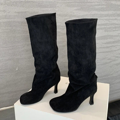 Aneikeh Large Size 41  42 Winter Street Style Round Toe Knee-High Women Boots Punk Thin High Heels Shoes Female Long Booties