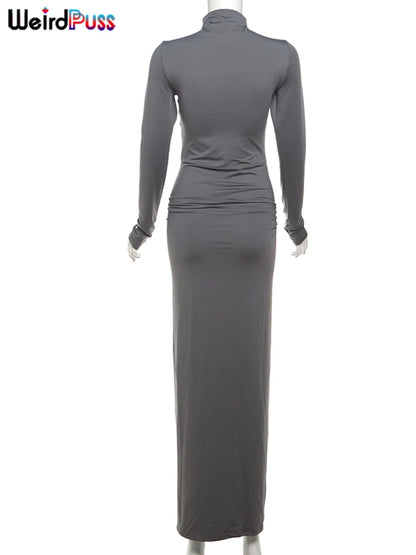 Weird Puss Hipster Ruched Dress Women O-Neck Full Sleeve Skinny Stretch Robe Autumn Trend Simple Classic Pleats Long Bodycon