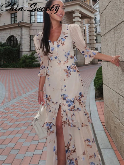 Sexy Print Women Long Dress Urban V-neck Single Breasted Ruffles Half Sleeve Female Dresses 2026 Spring Autumn Lady Robe