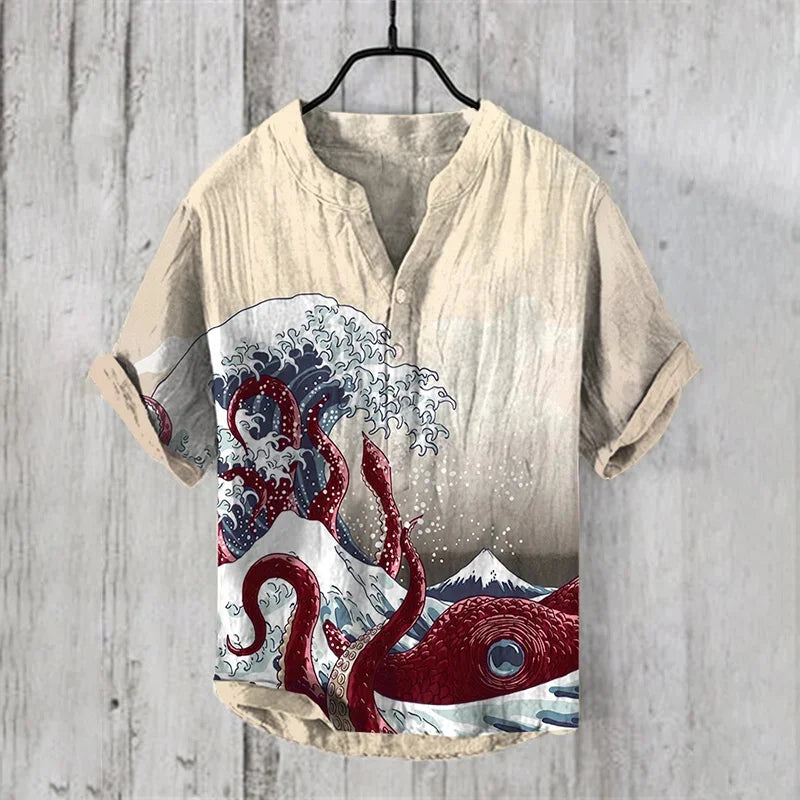 Men's linen short sleeved shirt, summer Chinese retro casual shirt