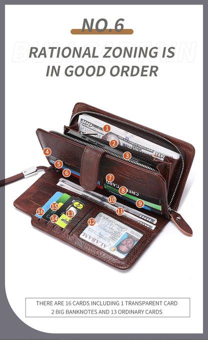 BULLCAPTAIN Men Long Wallet Clutch Bag Credit Card Holder Purses Carteras Billetera Hombre Leather Money Portfe Carte