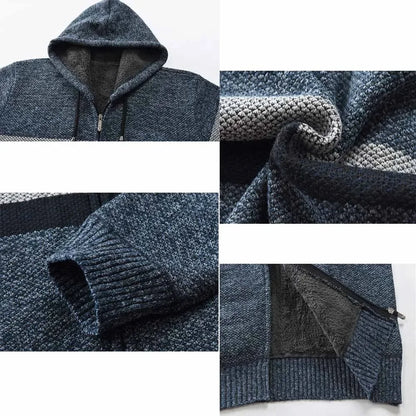 Striped Mens Sweater Coat Thick Fleece Warm Zipper Wool Hooded Cardigan Jumpers Men Long Sleeve Knitted Sweaters Suit Jackets