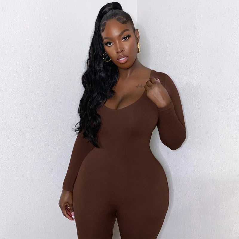 Bodycon Jumpsuit Women Solid Long Sleeve Skinny Sporty Rompers Playsuits Fitness Casual Activity Streetwear Overalls