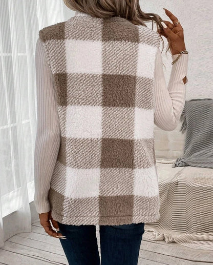 Autumn Women's Sleeveless Vest Cotton Coat Casual Women's Pocket Vest Fashionable Checkered Pattern Pocket Design Teddy Vest