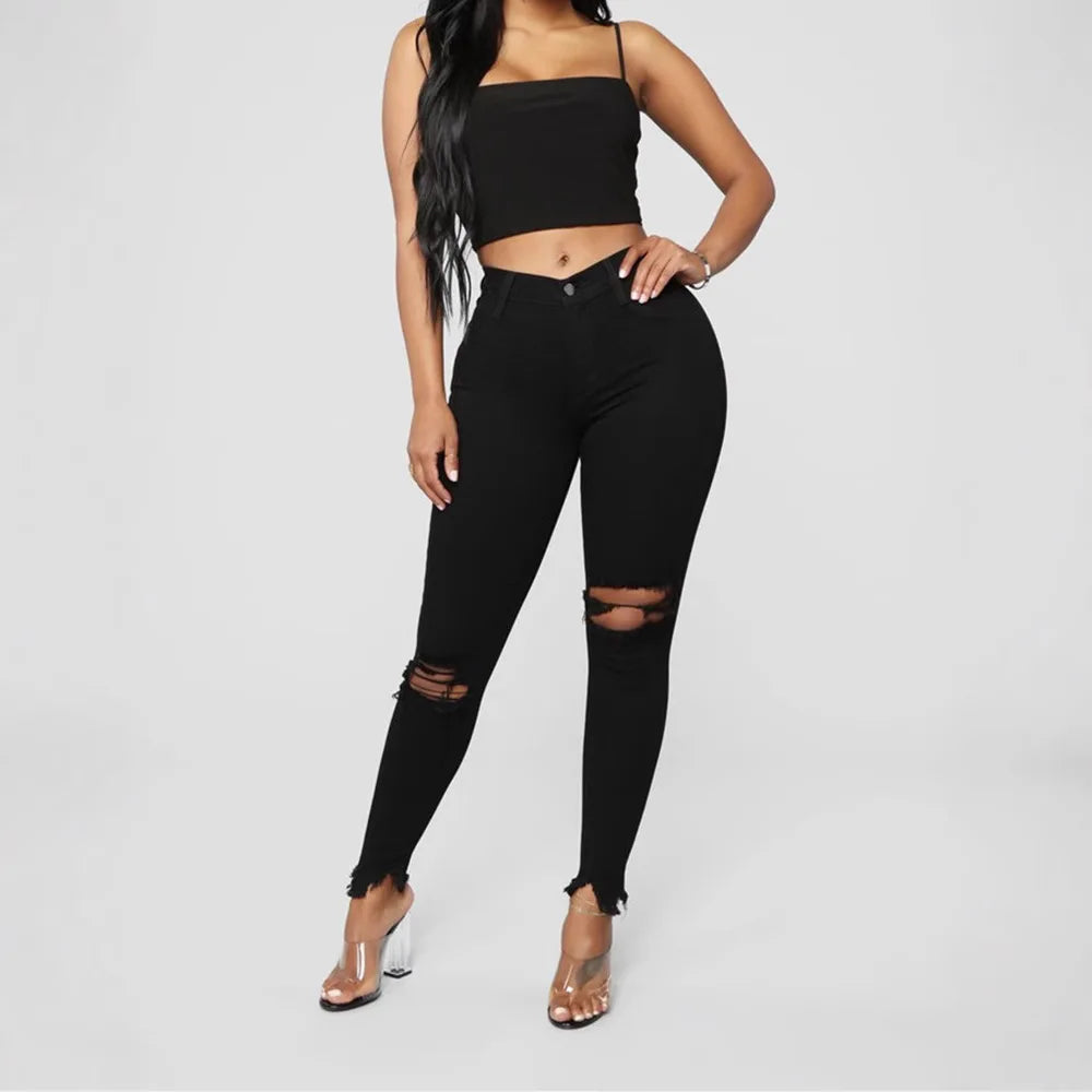 Hole Jeans Women Denim Pencil Pants Ripped Skinny Stretch High Waist 2025 Washed Distressed Ankle Length Trousers Streetwear