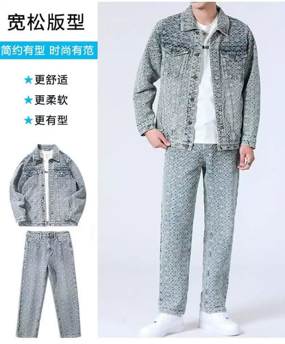 High Street Denim Sets Men's Jacquard Ragged Loose Casual Retro Washed Denim Shirt Style Jacket Jeans Pants
