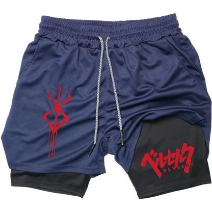 ‌Anime Berserk 2 in 1 Compression Shorts for Men - Running, Training, Yoga Gym Workout Sportswear with Pockets RL0018