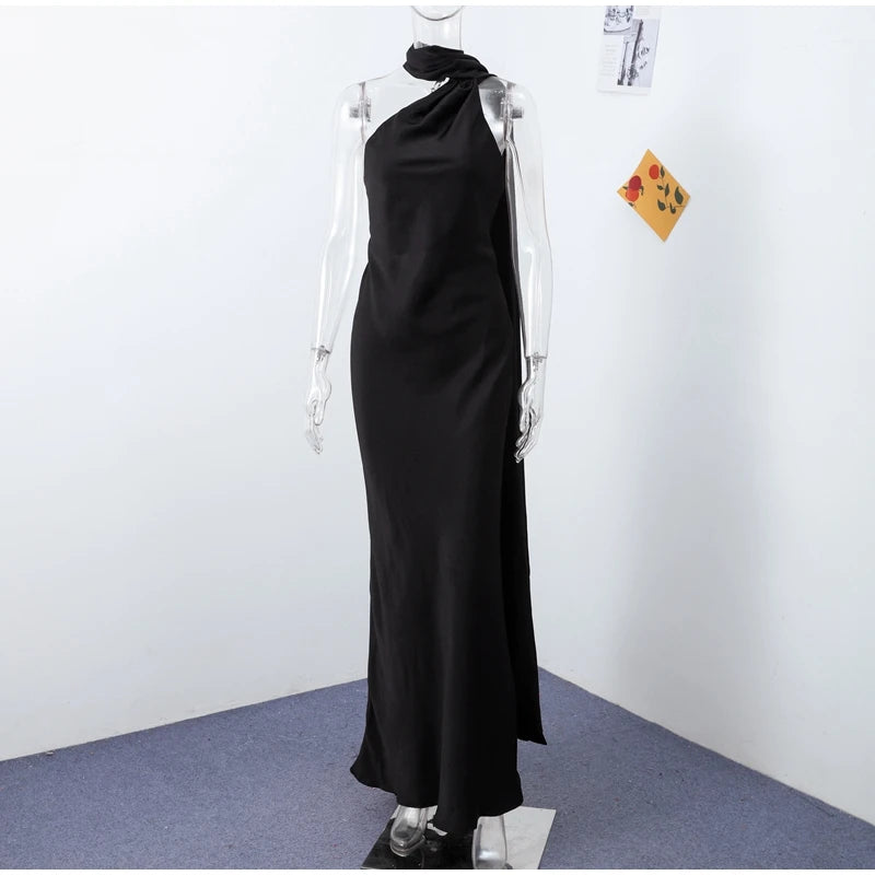 Ribbon Satin Long Party Dress Women Elegant Solid Sleeveless Female Backless Dresses 2026 Summer Autumn Lady Evening Club Gowns