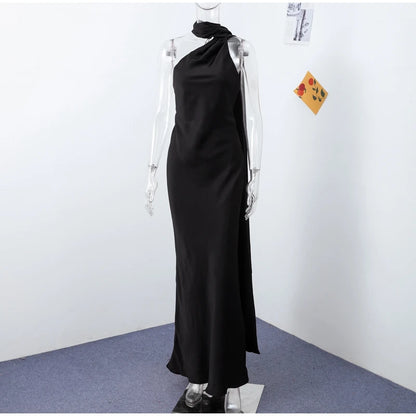 Ribbon Satin Long Party Dress Women Elegant Solid Sleeveless Female Backless Dresses 2026 Summer Autumn Lady Evening Club Gowns