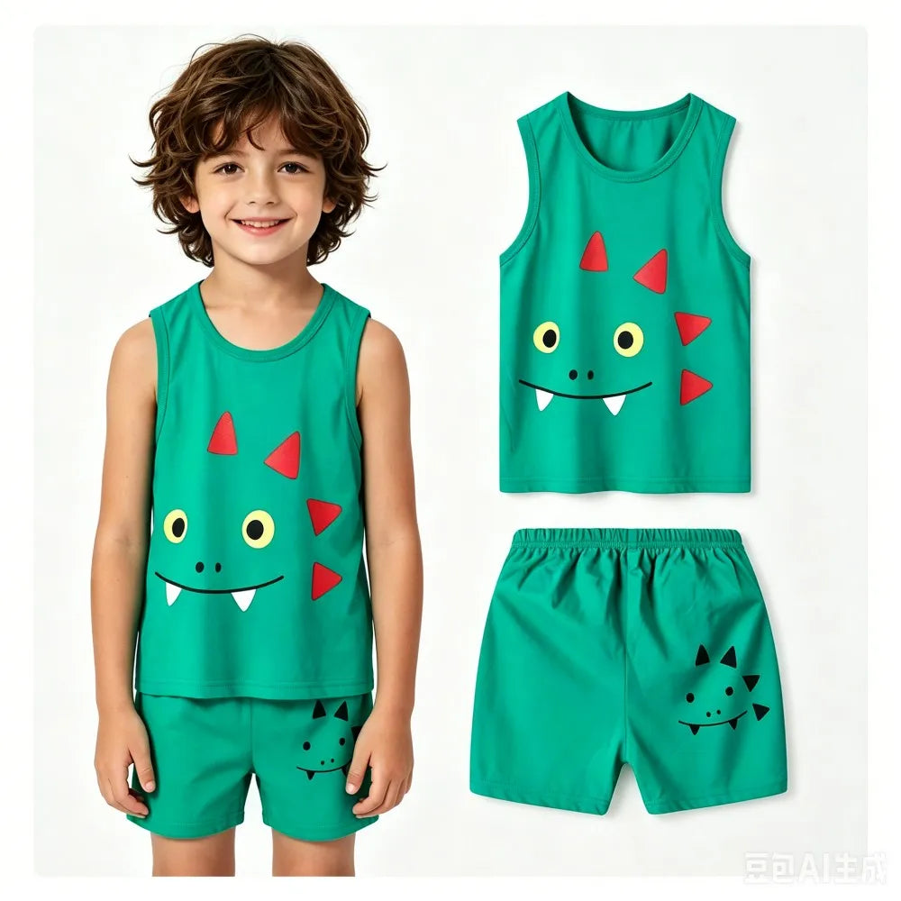 Summer Boys Clothing Sets Children's Sleeveless Cotton Clothes Kids Vest+Shorts 2pcs Boys Outfits Sportwear Cartoon Baby Sets
