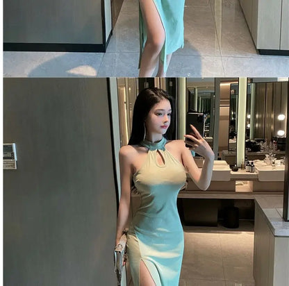 Vintage French Dress for Women Sleeveless Halter High Waist Slit Long Dresses Summer New Chic Temperament Vestidos