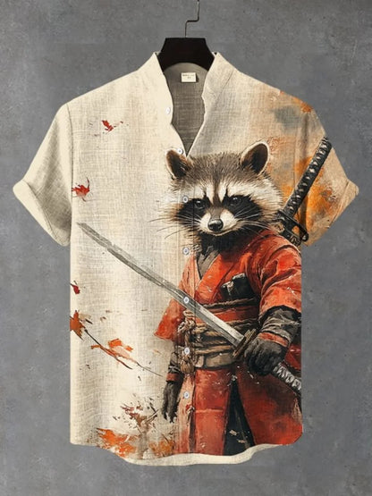 New cartoon cat-themed short-sleeved shirt, summer retro men's art print shirt, casual vacation streetwear