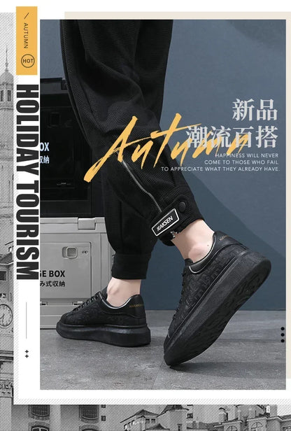 2026 Men's Casual Shoes Spring and Autumn Flat-soled Casual Leather Shoes Sports Shoes Black and White Men's Thick-soled Shoes