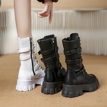 WOMEN BOOTS Goth Boots Woman Winter 2025 Platform Shoes Sneakers Studded Belt Buckle Punk  Chunky Heels Mid Calf Boots