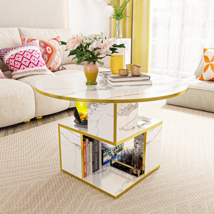 3-Tier Round Coffee Table with Storage, Modern Coffee Table for Living Room, Wooden Tabletop-Marble White with Gold Frame