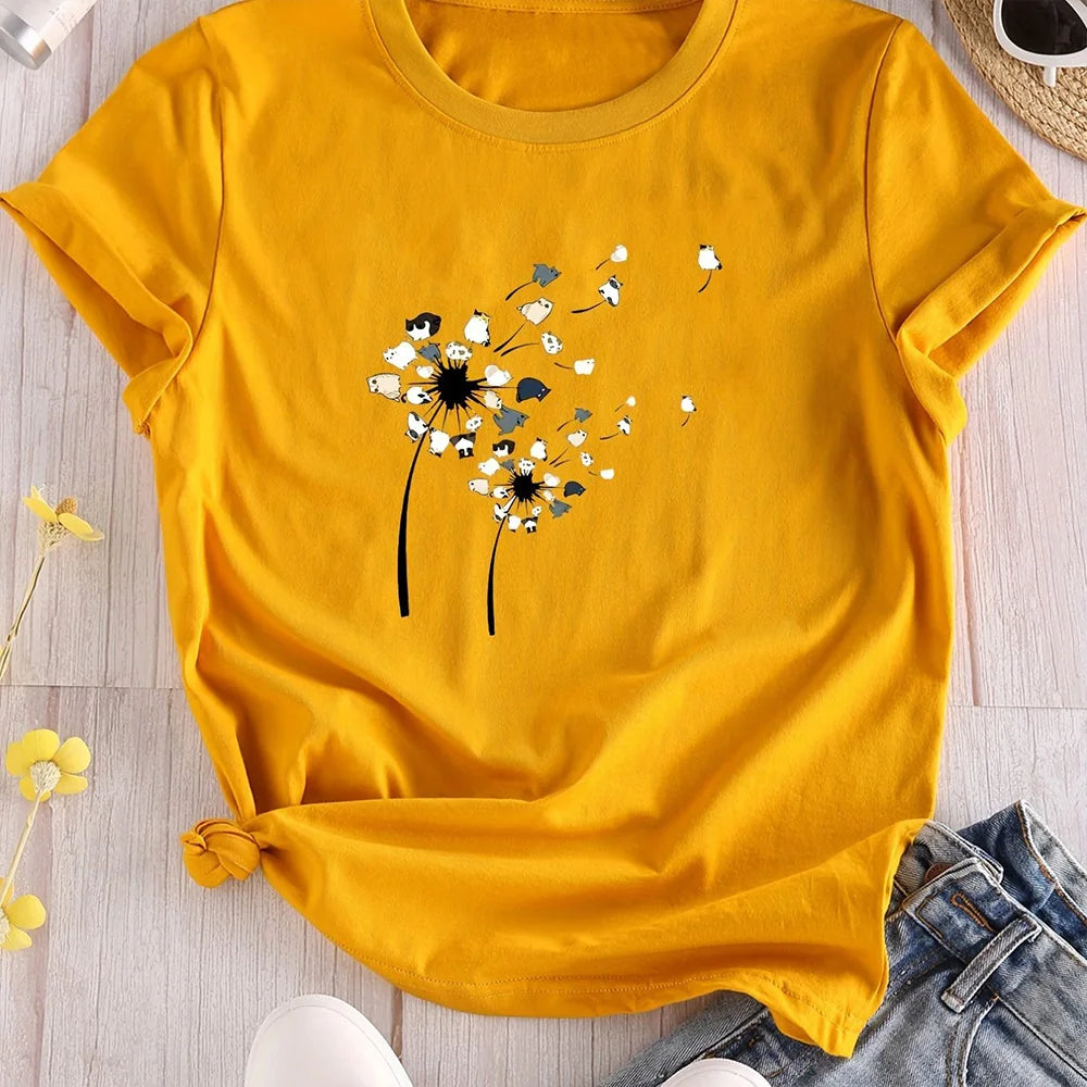 2024 New Women's Color Block T-shirt Summer Fashion Short sleeved Top Flower Print Loose Clothing Women's Party T-shirt