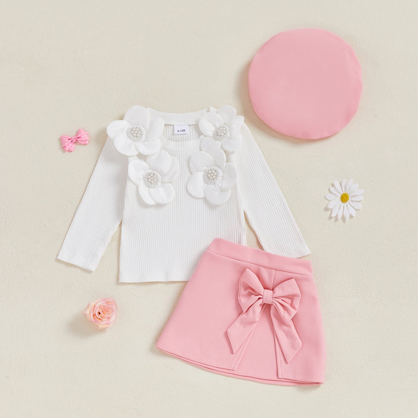 FOCUSNORM 0-4Y Fashion Little Kids Girls Autumn Clothes Sets Outfits Long Sleeve 3D Flower Decor Ribbed Tops A-line Skirt Beret