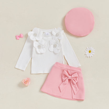 FOCUSNORM 0-4Y Fashion Little Kids Girls Autumn Clothes Sets Outfits Long Sleeve 3D Flower Decor Ribbed Tops A-line Skirt Beret