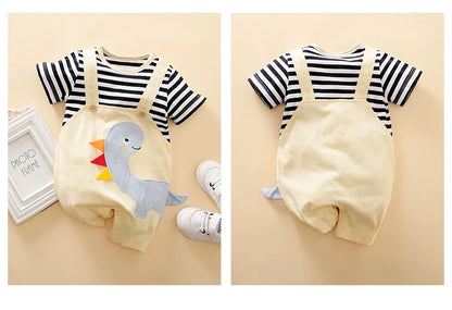 Summer Boys and Girls Cartoon Dinosaur Embroidery 3D Design Strap Splice All Cotton Short Sleeve Baby Clothing Bodysuit