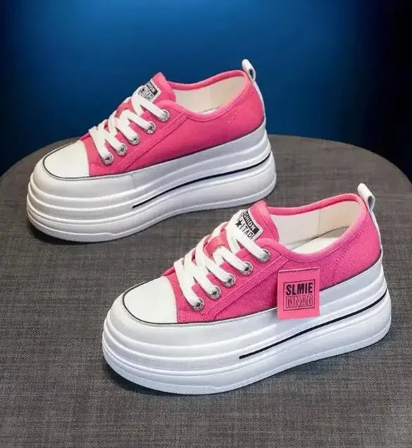 Vulcanized Platform Sneakers Wedge Shoes Non-slip Casual Shoes Women 2025 Autumn Lace-up Comfort Denim Canvas Shoes Thick Sole