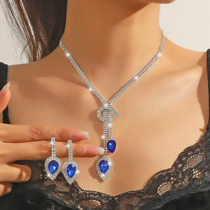 FYUAN Women's Crystal Jewelry Set Sapphire Blue Silver Color Water Drop Necklace Earrings Wedding Party Festival Wear