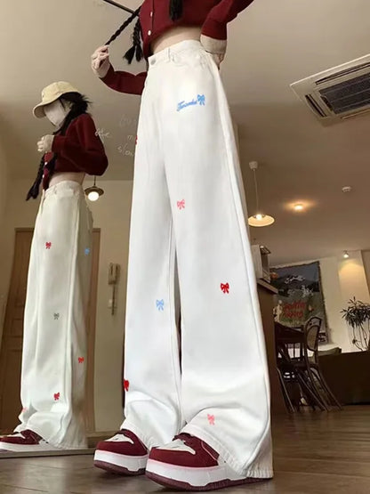 Bow Print Women's High Waist Thin Fashionable Loose Wide Leg Jeans for Spring and Summer Slim Fit High Waist Jeans for Women