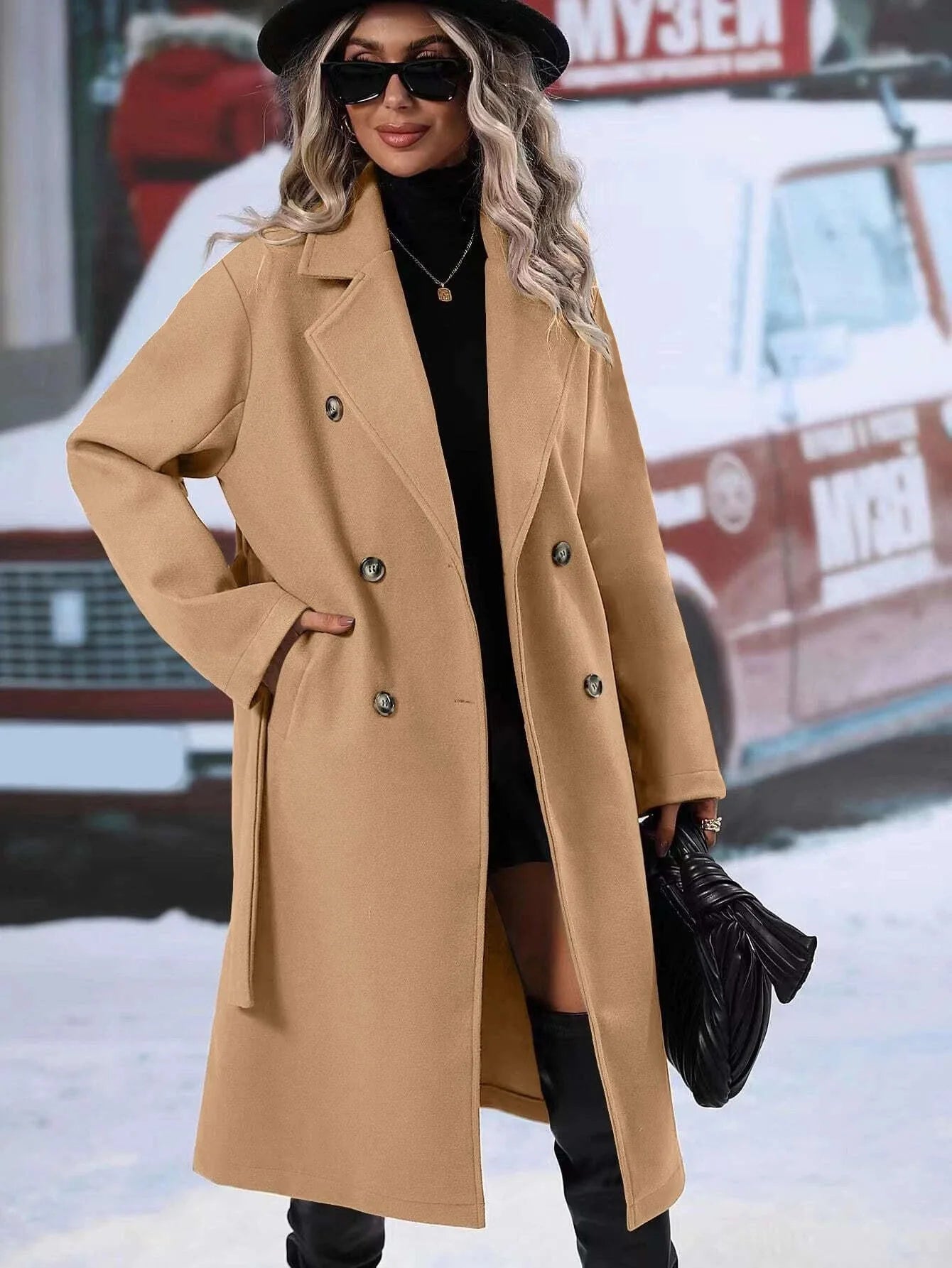 Women Turn Down Collar Thick Midi Length Wool Coat Pockets Casual Full Sleeve Double Breasted Blends Coats 2025 Autumn Winter