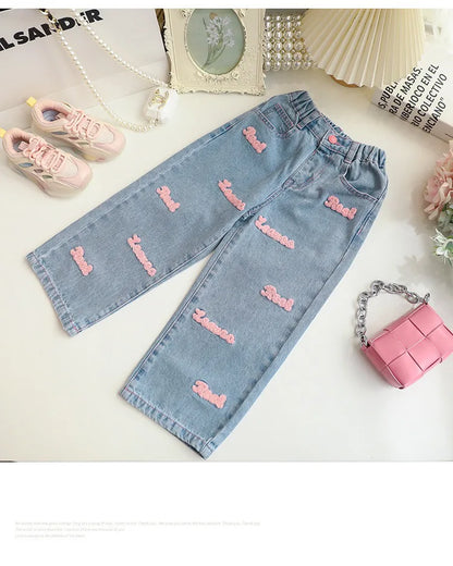 4-12 Years Teenger Girls Clothing Set Autumn Fashion Short Shirt + Letter Jeans 2Pcs Suit For Girl  Children Birthday Present