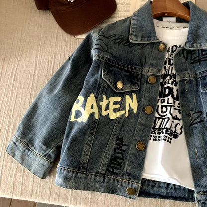 Boys Denim  Set 2025 Autumn Spring Korean Style Kids Clothes Fashion Trendy Letter Print Denim Jacket Jeans Two Piece Set