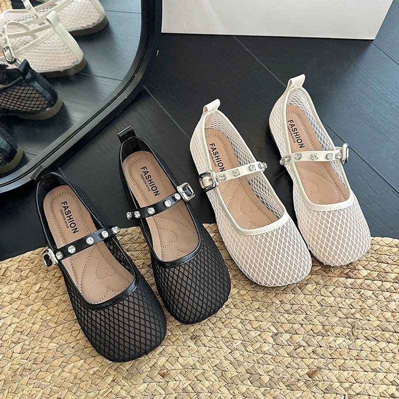 Mesh Breathable Flat Mary Jane Shoes Women Fashion Square Toe Soft Bottom Sandals Comfort Buckle Designer Ballet Shoe for Ladies