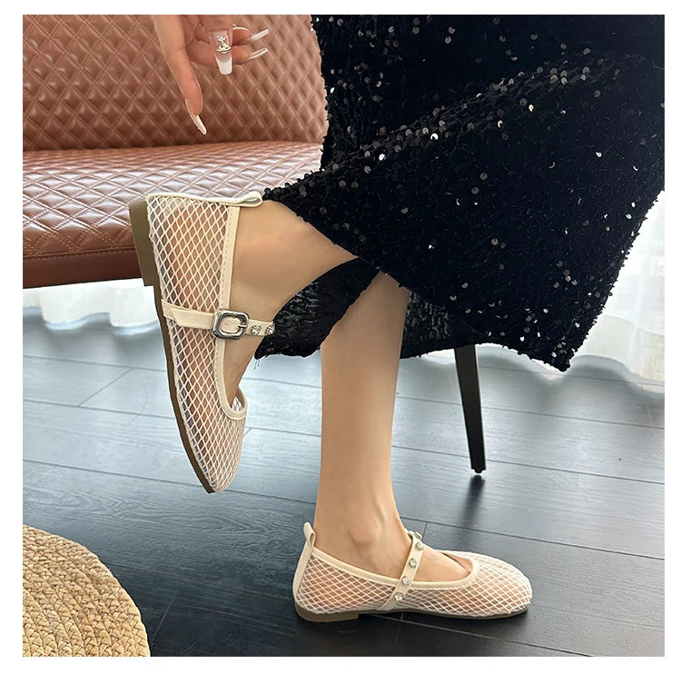 Mesh Breathable Flat Mary Jane Shoes Women Fashion Square Toe Soft Bottom Sandals Comfort Buckle Designer Ballet Shoe for Ladies