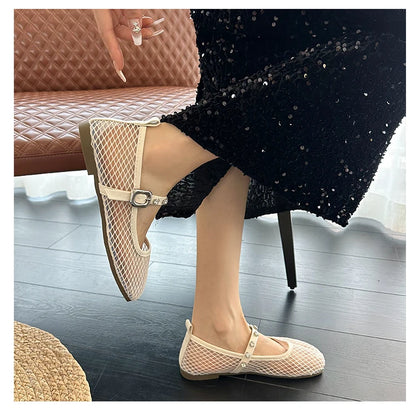 Mesh Breathable Flat Mary Jane Shoes Women Fashion Square Toe Soft Bottom Sandals Comfort Buckle Designer Ballet Shoe for Ladies