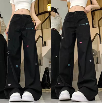 Bow Print Women's High Waist Thin Fashionable Loose Wide Leg Jeans for Spring and Summer Slim Fit High Waist Jeans for Women